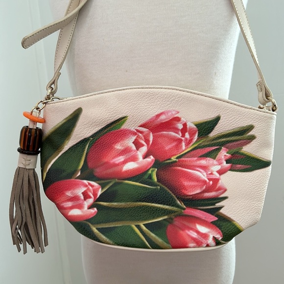 Vintage Sharif Pink/Green Hand Painted Tulip Crossbody Bag